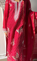 Load image into Gallery viewer, Women's Lakhnavi Handcrafted Mul Chanderi Chikankari Stitched Kurta, Dupatta And Pant Set - HONC0314455