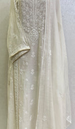 Load image into Gallery viewer, Women's Lakhnavi Handcrafted Mul Chanderi Chikankari Semi Stitched Kurta And Dupatta Set- HONC0138989