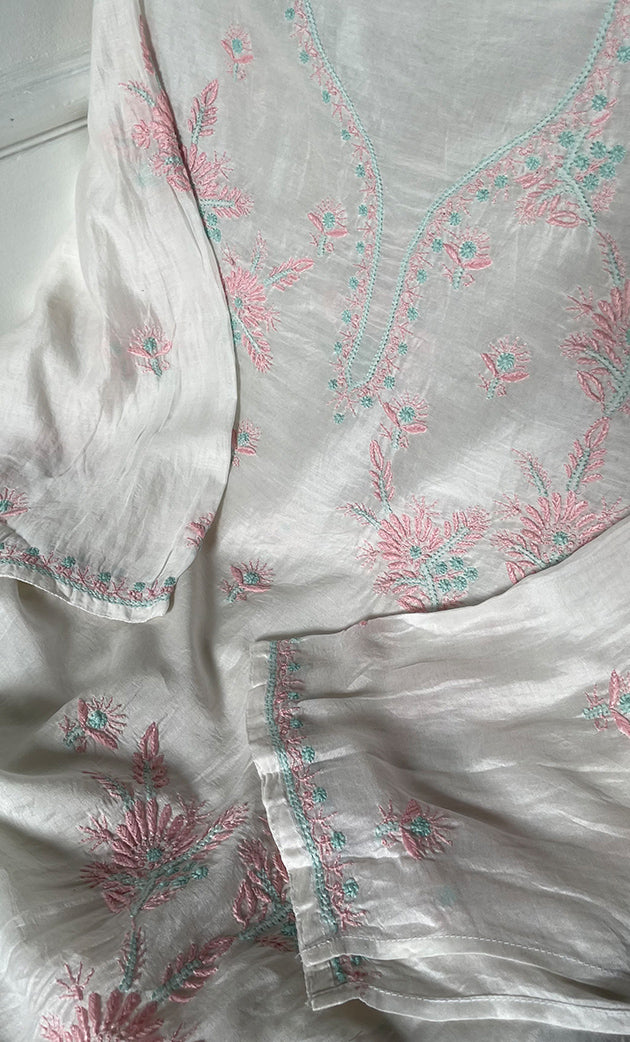 Women's Lakhnavi Handcrafted Chanderi Silki Semi - Stitched Kurta And Dupatta Set - HONC0314237