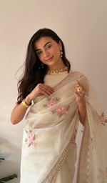 Load image into Gallery viewer, Zunaira Women's Lucknowi Handcrafted Pure Organza Silk Chikankari Saree - HONC0379177
