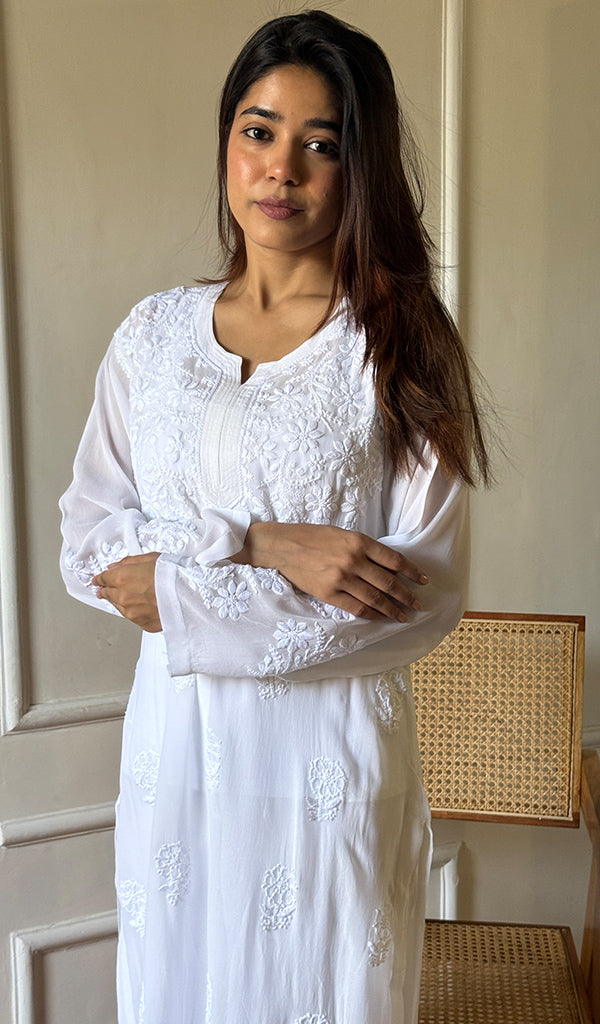 Women's Lakhnavi Handcrafted Viscose Georgette Chikankari Kurti - HONC0115981