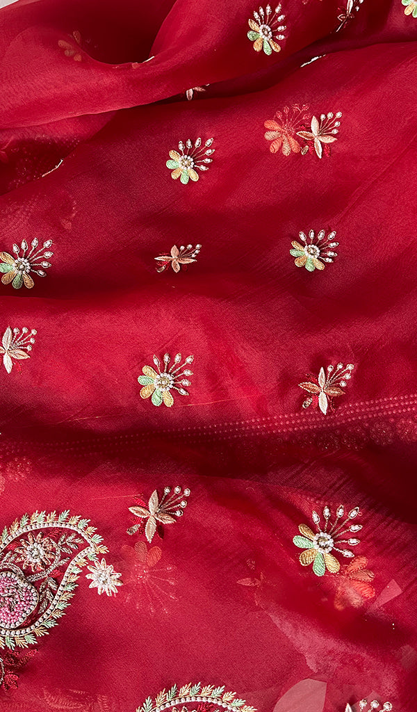 Women's Lakhnavi Handcrafted Pure Organza Chikankari Unstitched Kurta And Dupatta Set- HONC0272164