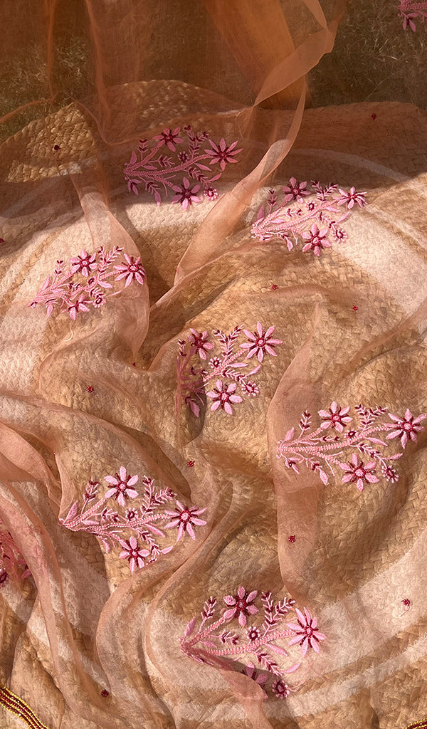 Women's Lucknowi Handcrafted Pure Organza Silk Chikankari SAREE - HONC0269063