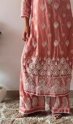 Load image into Gallery viewer, Women's Lucknowi Handcrafted Mul Chanderi Stitched Chikankari Kurta And Plazzo Set- HONC0378780