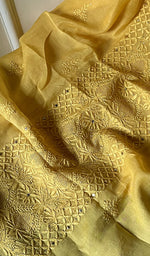 将图像加载到图库查看器中, Women's Lakhnavi Handcrafted Mul Chanderi Chikankari Unstitched Kurta Dupatta Set - HONC0235820