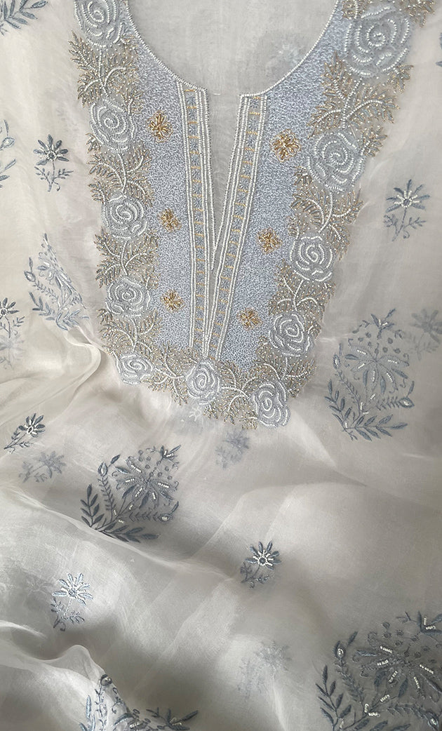 Mehnaj  Women's Lakhnavi Handcrafted Pure Organza Chikankari Unstitched Kurta And Dupatta Set- HONC0316462