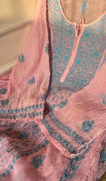 Load image into Gallery viewer, Women's Lakhnavi Handcrafted Mul Chanderi Chikankari Semi Stitched Anarkali And Dupatta Set- HONC0286663