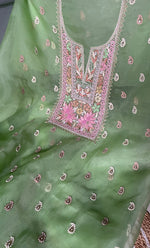 Load image into Gallery viewer, Women's Lakhnavi Handcrafted Pure Organza  Silk Chikankari Unstitched Full Suit Material - HONC0267226