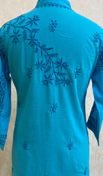 将图像加载到图库查看器中, Women's Lakhnavi Handcrafted Turquoise Cotton Chikankari Kurti - NC068811