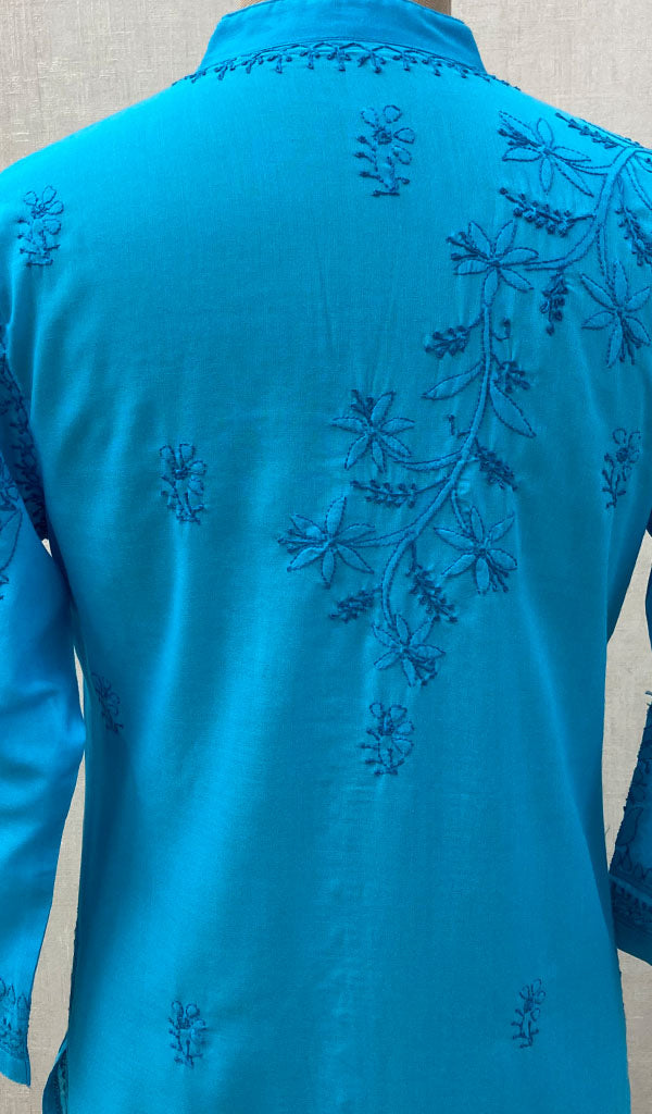 Women's Lucknowi Handcrafted Turquoise Cotton Chikankari Kurti - NC068840