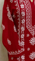 将图像加载到图库查看器中, Women's Lakhnavi Handcrafted Red Cotton Chikankari Kurti - HONC020795