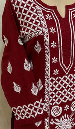 将图像加载到图库查看器中, Women's Lucknowi Handcrafted Maroon Cotton Chikankari Kurti - HONC020798