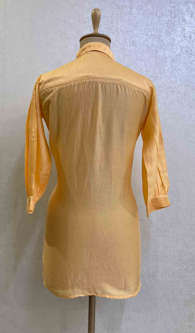 Lakhnavi 手工制作 Chanderi 丝绸 Chikankari 上衣 - HONC062102