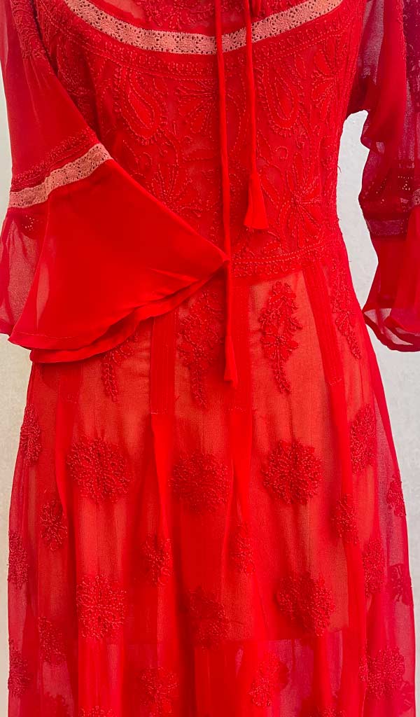 Aadab Women's Lucknowi Handcrafted Faux-Georgette Chikankari Anarkali Dress - HONC038969