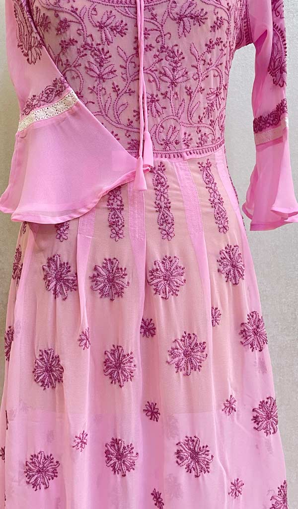 Pink Women Lucknowi Handcrafted Faux-Georgette Chikankari Anarkali Dress