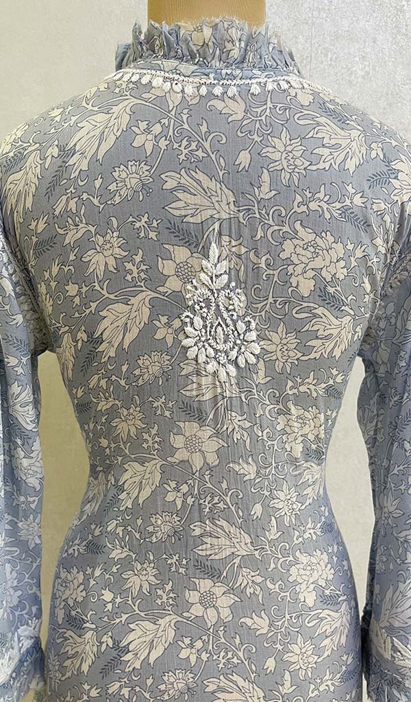 Lakhnavi 手工印花 Mulmul 棉质 Chikankari 上衣 - HONC079892