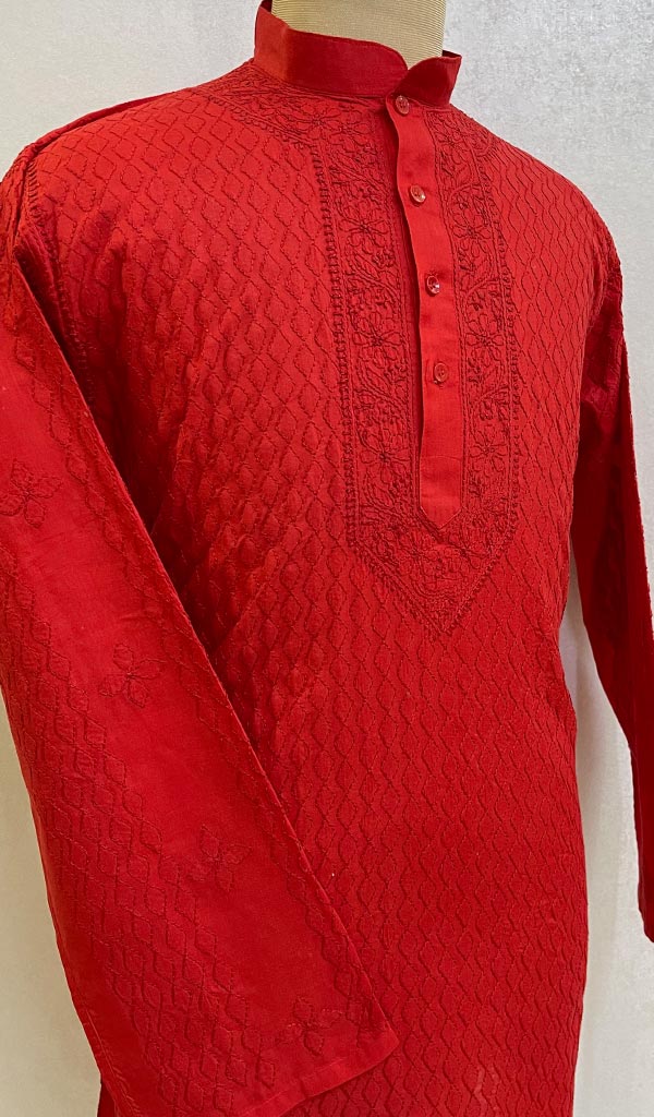 Men's Lucknowi Handcrafted Cotton Chikankari Kurta - HONC084821
