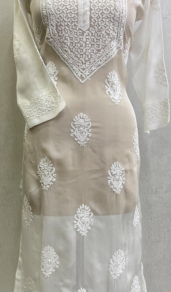 Women's Lakhnavi Handcrafted Organza Chikankari Kurti - HONC0105942