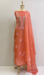 Load image into Gallery viewer, Rose Women's Lakhnavi Handcrafted Pure Organza Chikankari Unstitched Kurta And Dupatta Set- HONC0174063