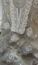 Load image into Gallery viewer, Women's Lakhnavi Handcrafted Pure Organza Chikankari Unstitched Kurta And Dupatta Set- HONC0342712