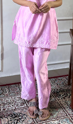 Load image into Gallery viewer, Amreena Women's Lakhnavi Handcrafted Chanderi Silk Chikankari Top And Pant Set - HONC0344955