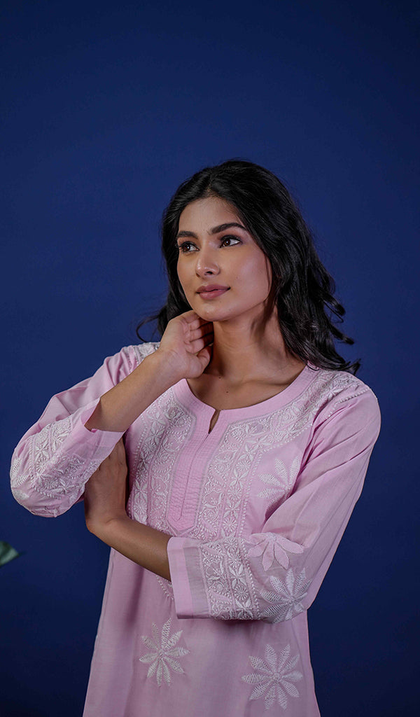 Pink Women's Lucknowi Handcrafted Cotton Chikankari Kurti