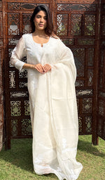 Load image into Gallery viewer, Rose Women's Lucknowi Handcrafted Pure Organza Silk Stitched Chikankari Kurta, Dupatta With Pant Set- HONC0270713