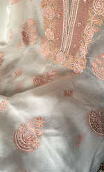 Load image into Gallery viewer, Mehnaj Women's Lakhnavi Handcrafted Pure Organza Chikankari Unstitched Kurta And Dupatta Set- HONC0316460
