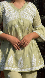 Load image into Gallery viewer, Rania Women's Lakhnavi Handcrafted Cotton Chikankari Short Kurta And Afghani pant Set - HONC0268726