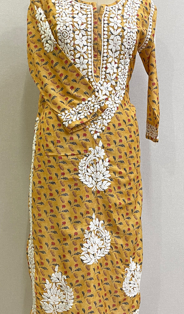 Yellow Women's Lucknowi Handcrafted Cotton Chikankari Kurti