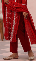Load image into Gallery viewer, Saziya Women's Lakhnavi Handcrafted Mul Chanderi Chikankari Stitched Kurta, Dupatta And Pant Set - HONC0854621