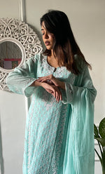 Load image into Gallery viewer, Women's Lakhnavi Handcrafted Mul Chanderi Chikankari Stitched Kurta, Dupatta And Pant Set - HONC0322167