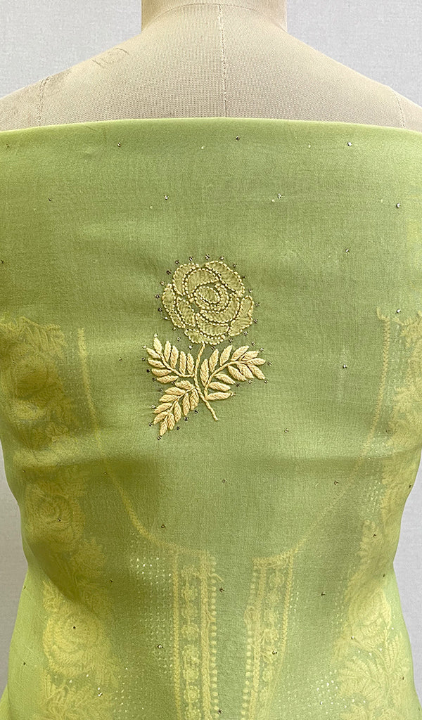 Green Women's Lakhnavi Handcrafted Pure Organza Chikankari Unstitched Kurta And Dupatta Set