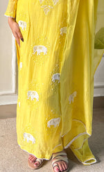 Load image into Gallery viewer, Women's Lakhnavi Handcrafted Mul Chanderi Chikankari Stitched Kurta, Dupatta And Pant Set - HONC0295595