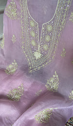 Load image into Gallery viewer, Women's Lakhnavi Handcrafted Pure Organza Chikankari Unstitched Kurta And Dupatta Set- HONC0348010