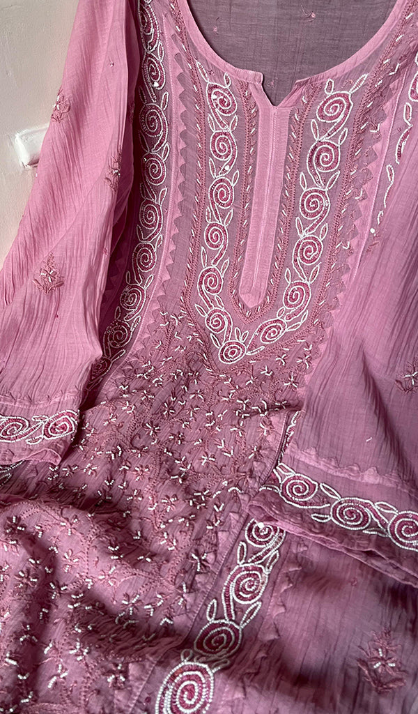 Aaliyah Women's Lakhnavi Handcrafted Mul Chanderi Semi - Stitched Kurta And Dupatta Set - HONC0253630