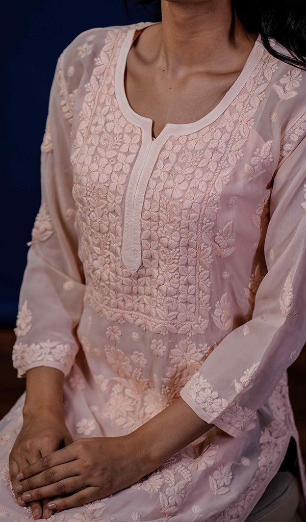 Umnaaz Women's Lakhnavi Handcrafted Viscose Georgette Chikankari Kurti- HONC0170695