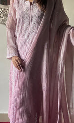 Load image into Gallery viewer, Women's Lakhnavi Handcrafted Mul Chanderi Chikankari Stitched Kurta, Dupatta And Pant Set - HONC0321277