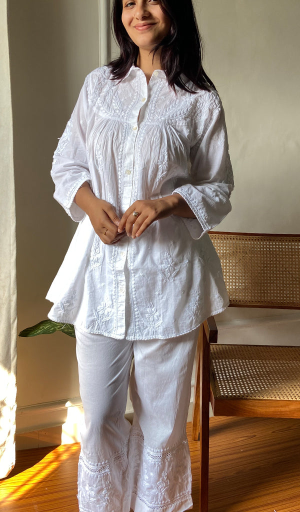 Women's Lakhnavi Handcrafted Cotton Chikankari Top And Palazzo Set - HONC0295332