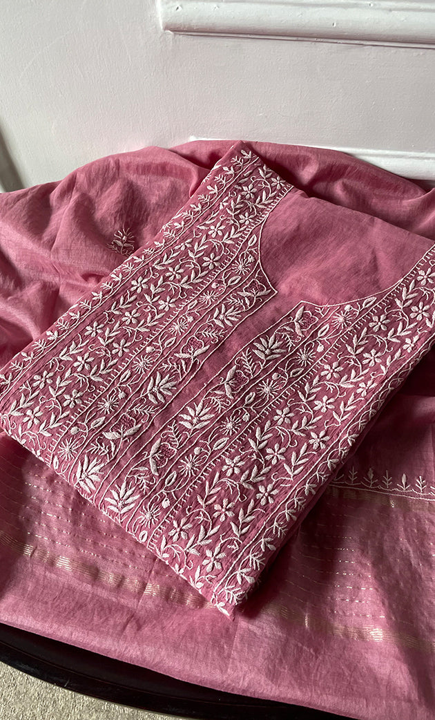 Women's Lakhnavi Handcrafted Mul Chanderi Semi - stitched Chikankari Full Suit Material - HONC0344345 main image 0