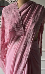 将图像加载到图库查看器中, Women's Lakhnavi Handcrafted Viscose Georgette Chikankari Saree - HONC0333856
