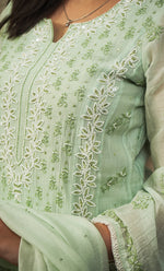 将图像加载到图库查看器中, Women's Lakhnavi Handcrafted Mul Chanderi Chikankari Stitched Kurta, Dupatta And Pant Set - HONC0321289