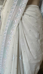Load image into Gallery viewer, Women's Lakhnavi Handcrafted Pure Silk Georgette Chikankari Saree - HONC0233707