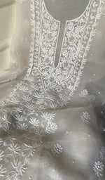 将图像加载到图库查看器中, Women's Lakhnavi Handcrafted Pure Organza Chikankari Unstitched Kurta And Dupatta Set- HONC0265389