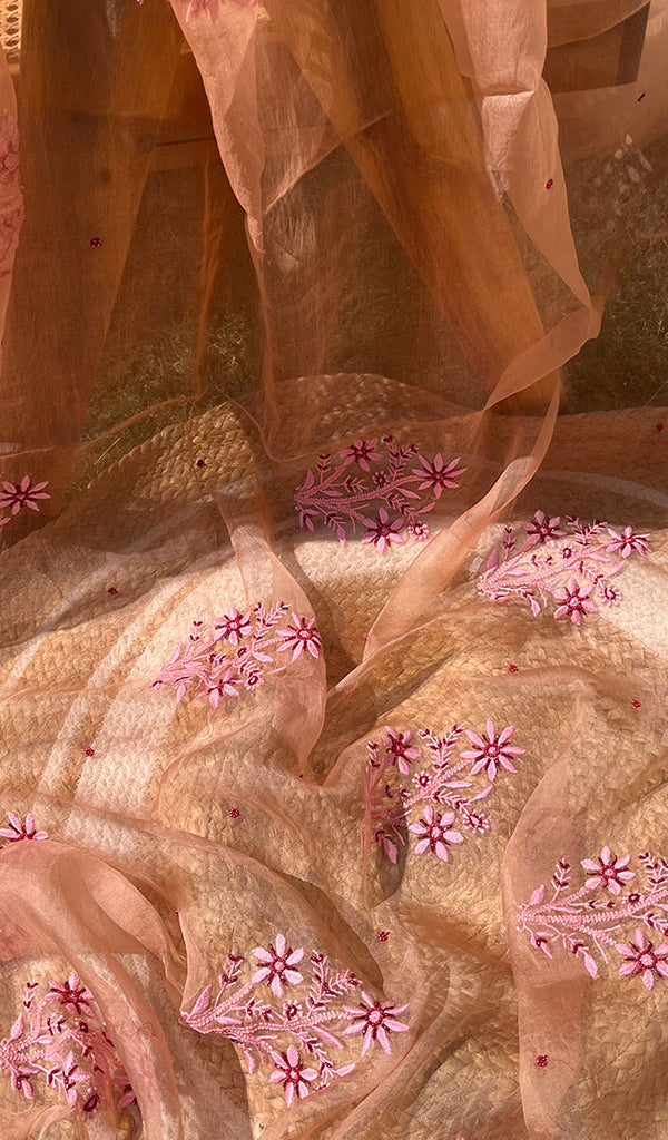 Women's Lucknowi Handcrafted Pure Organza Silk Chikankari SAREE - HONC0269063