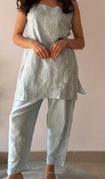 Load image into Gallery viewer, Amreena Women's Lakhnavi Handcrafted Chanderi Silk Chikankari Top And Pant Set - HONC0373442