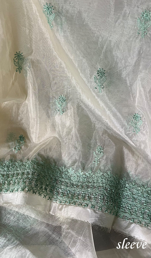 Lakhnavi 手工制作的欧根纱 Chikankari 未缝合 Kurti 面料 - Honc0133587