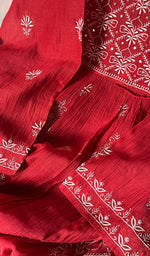 Load image into Gallery viewer, Women's Lakhnavi Handcrafted Mul Chanderi Chikankari Semi - Stitched Kurta Dupatta Set - HONC0178530