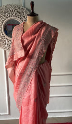 Load image into Gallery viewer, Women's Lakhnavi Handcrafted Tussar Silk Chikankari Saree - HONC0314578