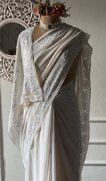 Load image into Gallery viewer, Women's Lakhnavi Handcrafted Pure Silk Georgette Chikankari Saree- HONC0325906